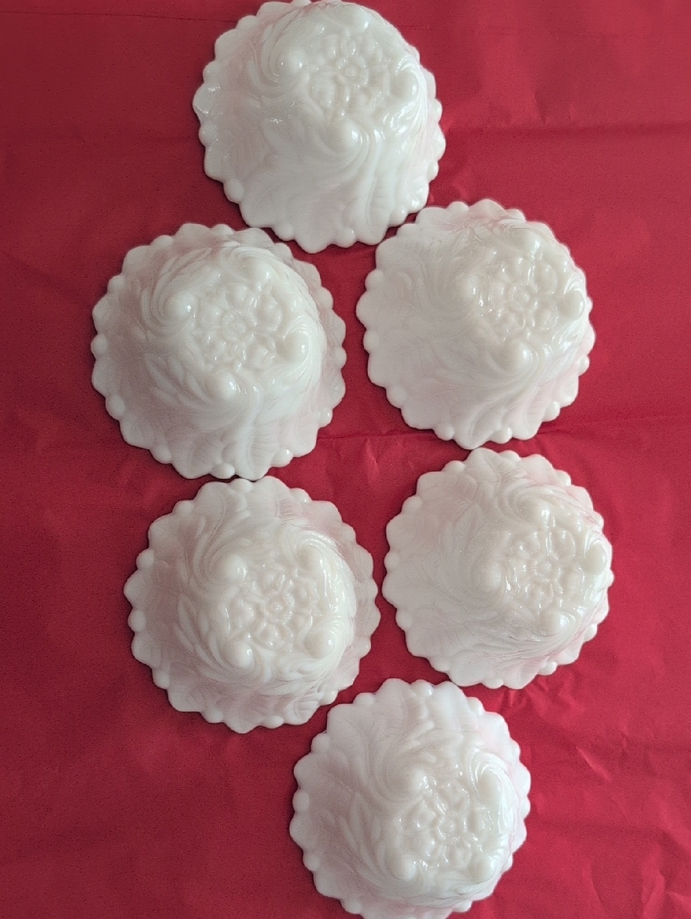 Set of Six Vintage Indiana Milk Glass Wild Rose Berry Embossed Dessert Bowls